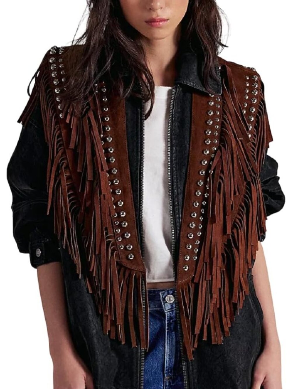 Women Studded Suede Collar Shawl Scarf Wrap Western Fringe Vest Boho Hippie Cowg